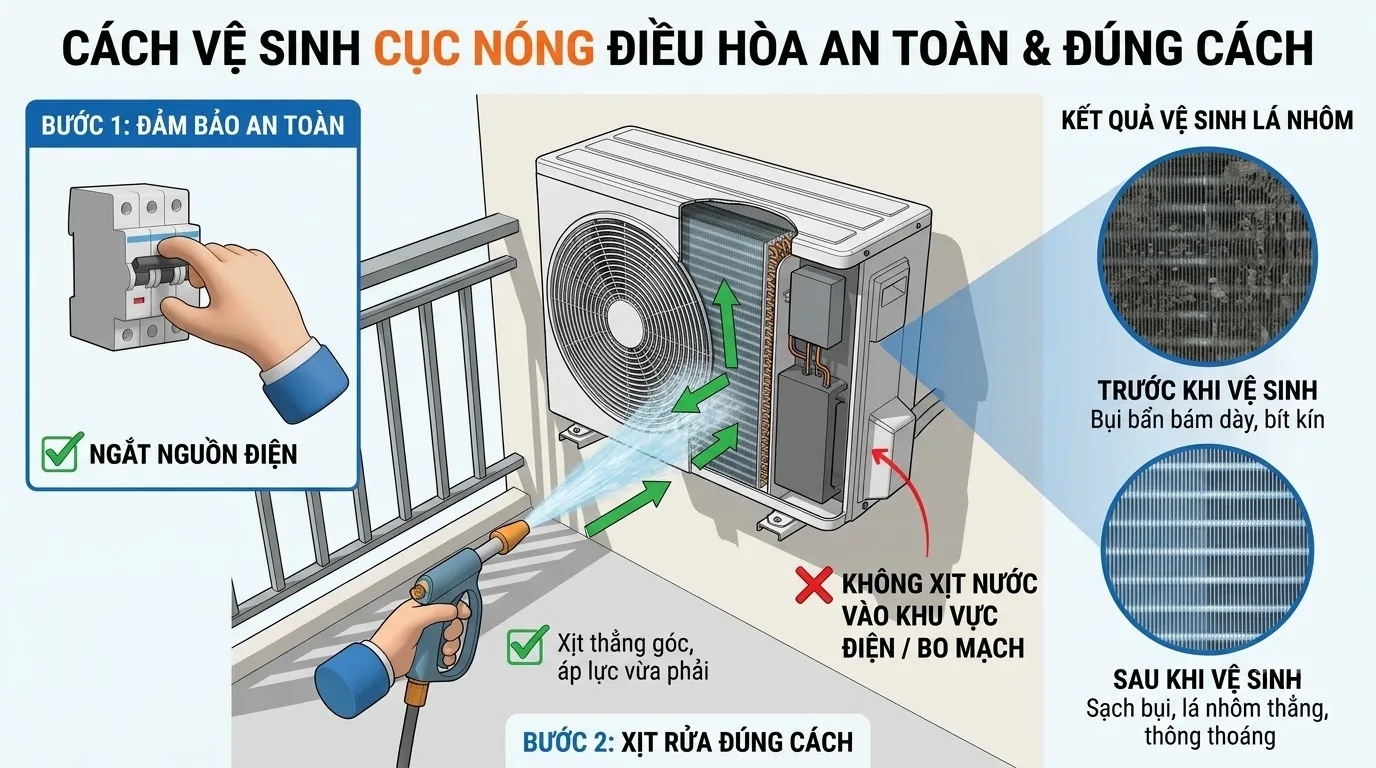 Kiểm tra vị trí cục nóng điều hòa trên cao từ ban công
