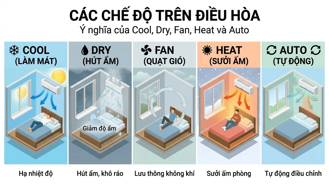 So sánh Cool, Dry, Fan, Heat và Auto Ký hiệu và công dụng của năm chế độ điều hòa