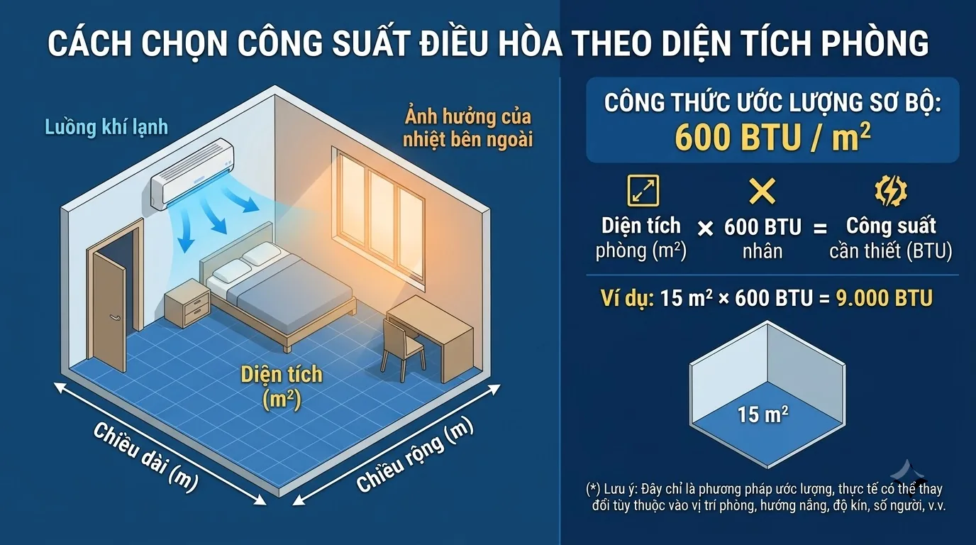 Bảng đối chiếu diện tích phòng tiêu chuẩn sang công suất BTU trên giờ và mã lực HP