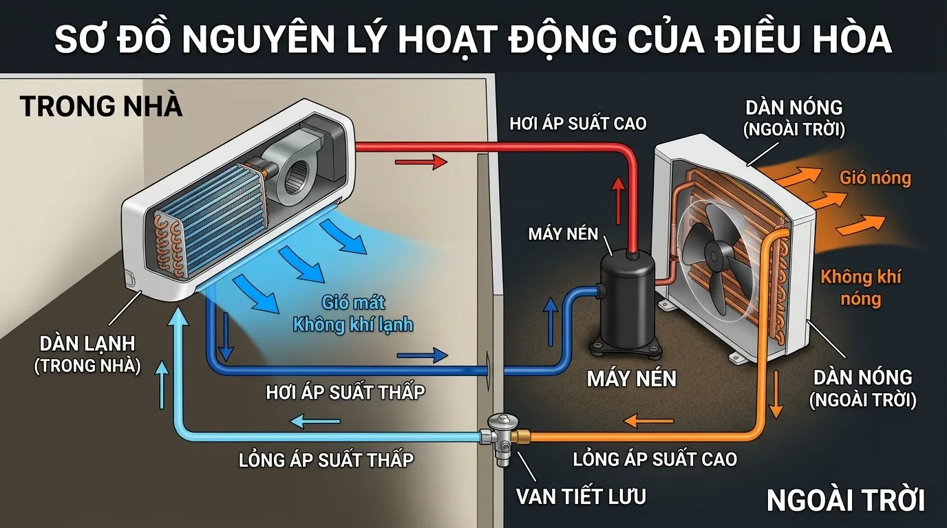 Các bộ phận chính cấu thành hệ thống tuần hoàn môi chất lạnh
