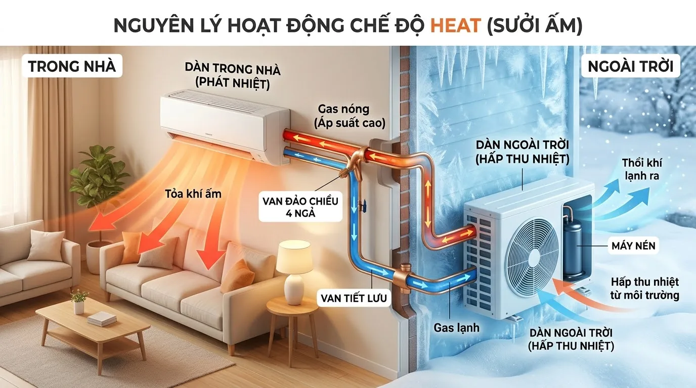 Chọn chế độ HEAT bằng nút MODE trên remote điều hòa