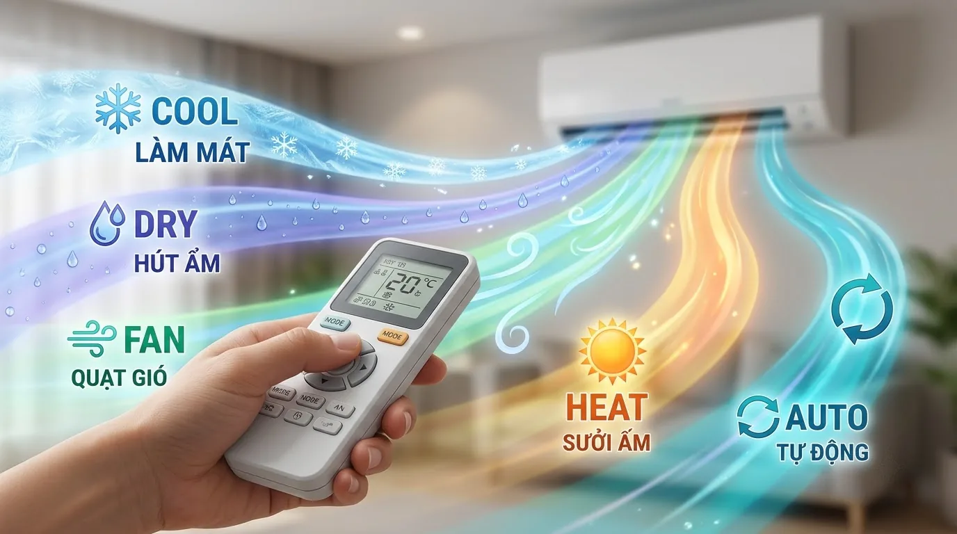 Chọn chế độ làm lạnh trên remote điều hòa Cách dùng nút MODE trên remote để chọn Cool