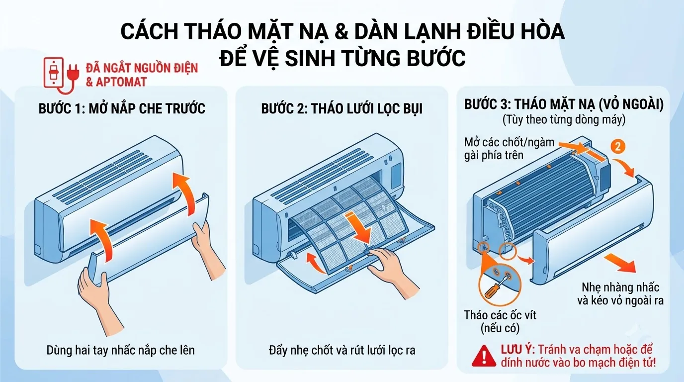 Mở mặt nạ dàn lạnh để tiếp cận lưới lọc