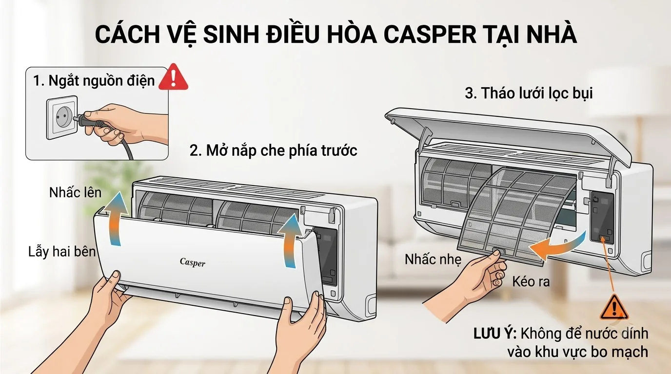 Làm sạch lưới lọc điều hòa Casper sau khi tháo