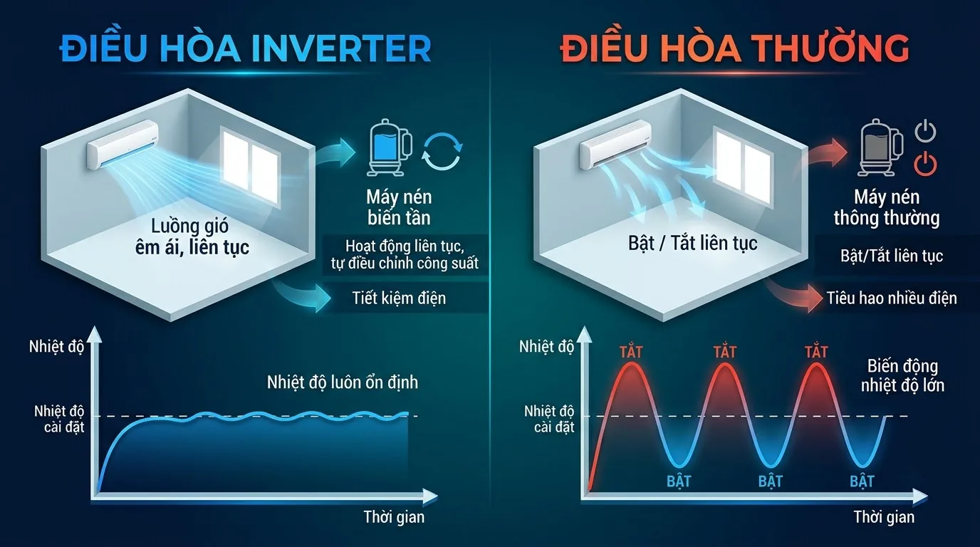 Cách vận hành máy nén và ảnh hưởng đến nhiệt độ, tiếng ồn So sánh cách vận hành máy nén inverter và máy nén đóng ngắt