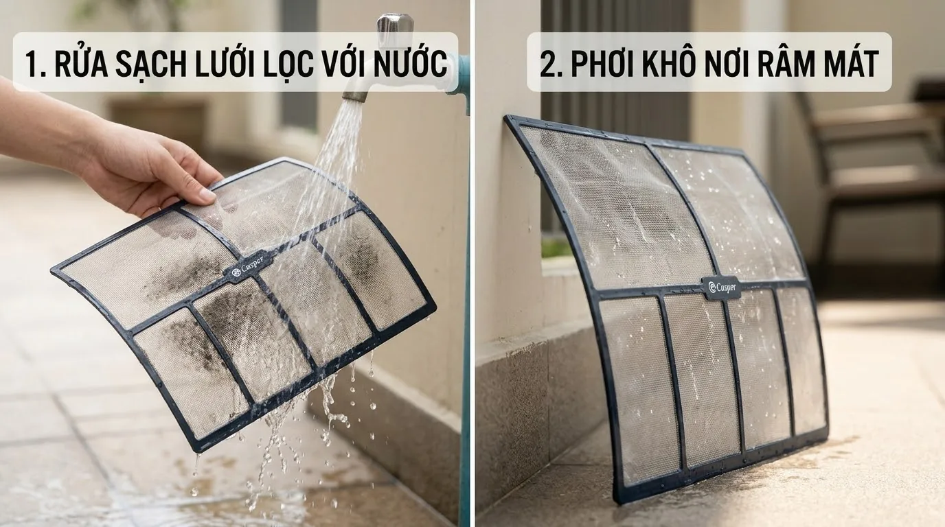 Làm sạch khu vực bên ngoài cục nóng điều hòa Casper