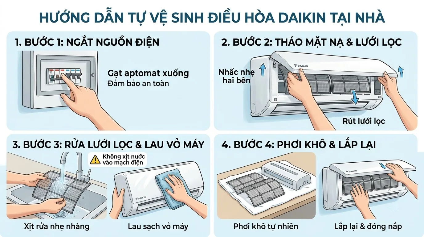 Vệ sinh cục nóng Daikin trong phạm vi an toàn Lau bề mặt ngoài cục nóng điều hòa Daikin