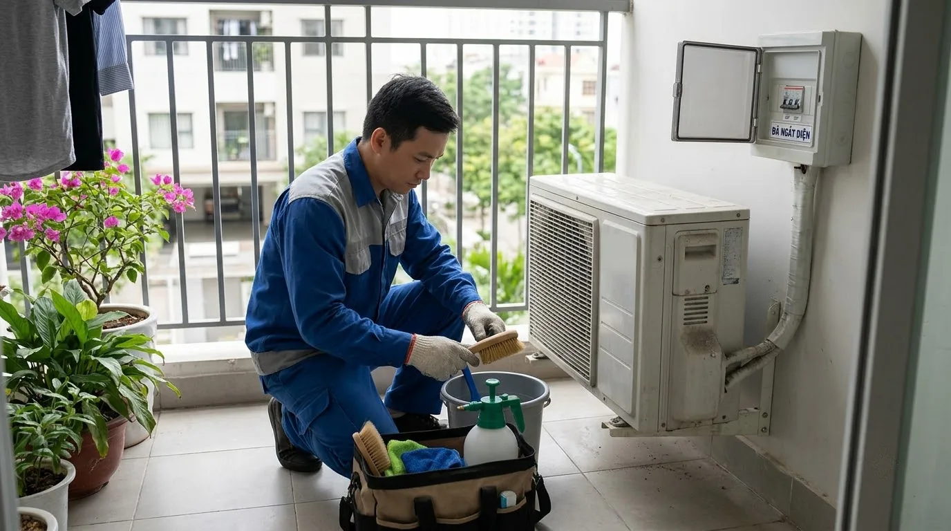 cách vệ sinh cục nóng điều hòa bằng bàn chải mềm