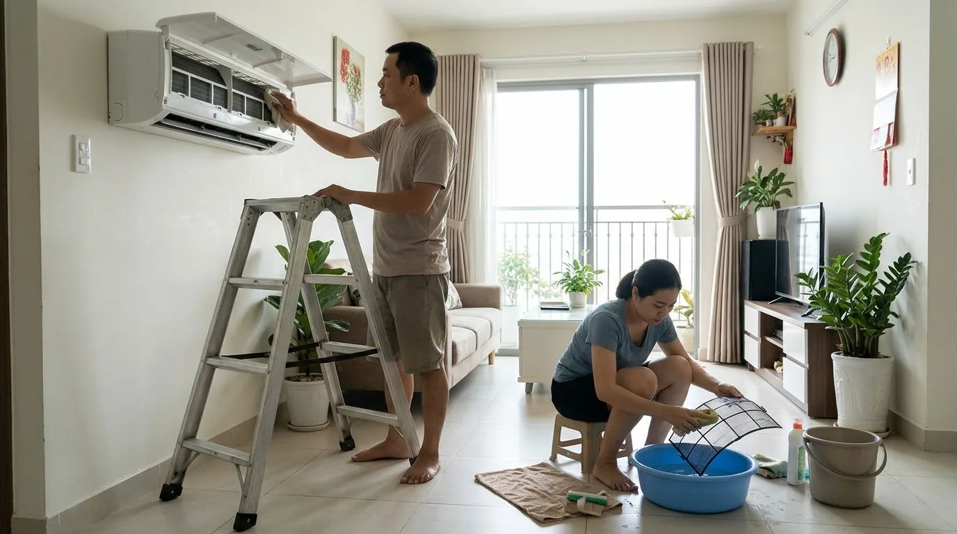 Dụng cụ chuẩn bị cho cách vệ sinh điều hòa tại nhà gồm khăn mềm máy hút bụi bạt che
