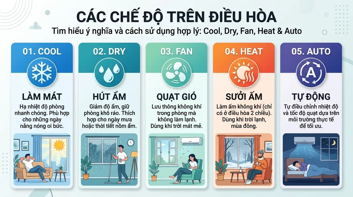 Chọn chế độ điều hòa phù hợp với nhu cầu So sánh chế độ điều hòa theo nhu cầu làm mát và tiết kiệm điện