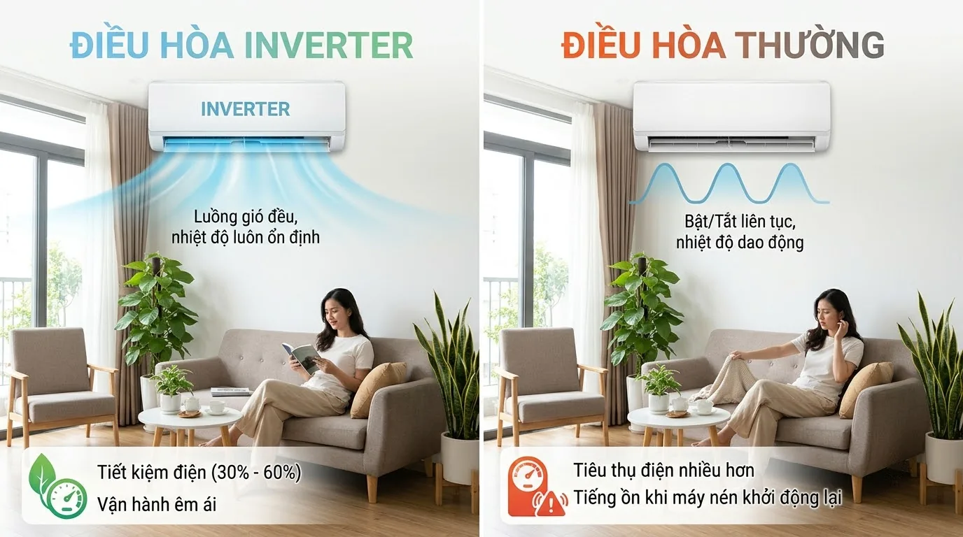 So sánh điều hòa inverter và điều hòa thường Bảng so sánh điều hòa inverter khác điều hòa thường như thế nào