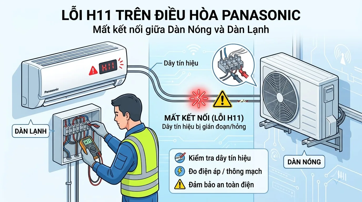 Kỹ thuật viên kiểm tra điều hòa Panasonic báo mã H11