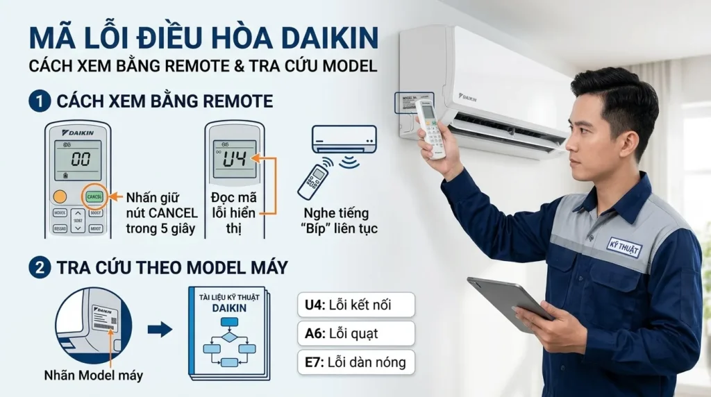 Kỹ thuật viên kiểm tra điều hòa Daikin khi máy báo lỗi