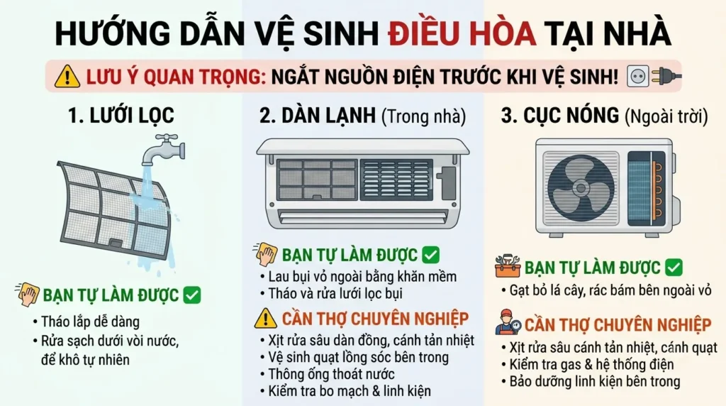 Kỹ thuật viên chuyên nghiệp bảo dưỡng điều hòa với dụng cụ chuyên dụng