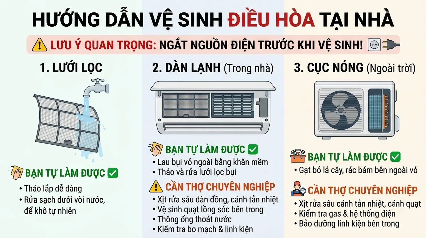 Kỹ thuật viên chuyên nghiệp bảo dưỡng điều hòa với dụng cụ chuyên dụng