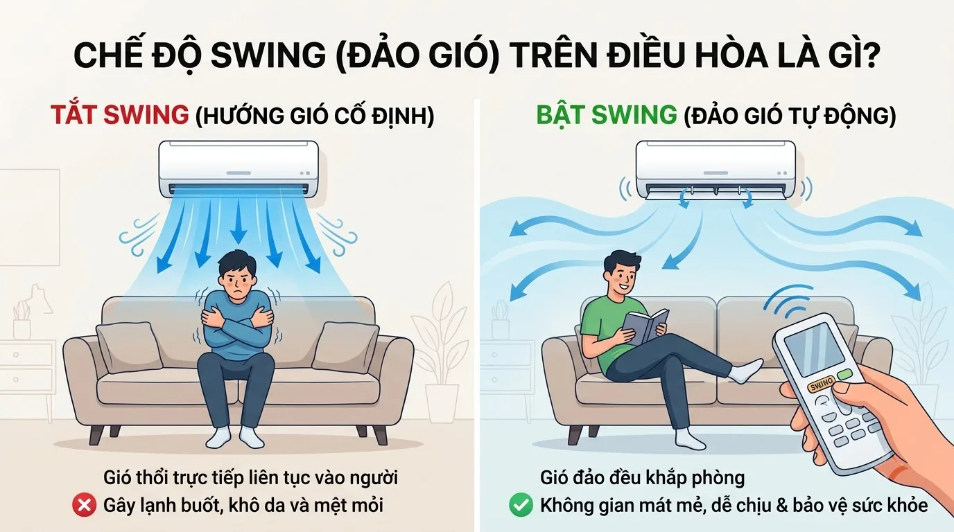 Thời điểm nên tắt đảo gió tự động Điều chỉnh cánh gió cố định để hướng luồng khí phù hợp