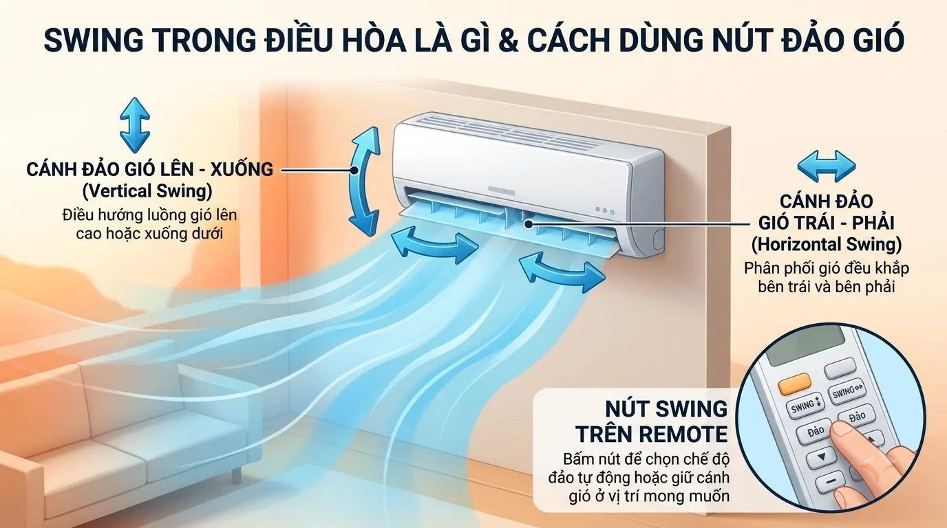 Nhận biết ký hiệu Swing trên remote Nút Swing điều chỉnh hướng gió trên remote điều hòa