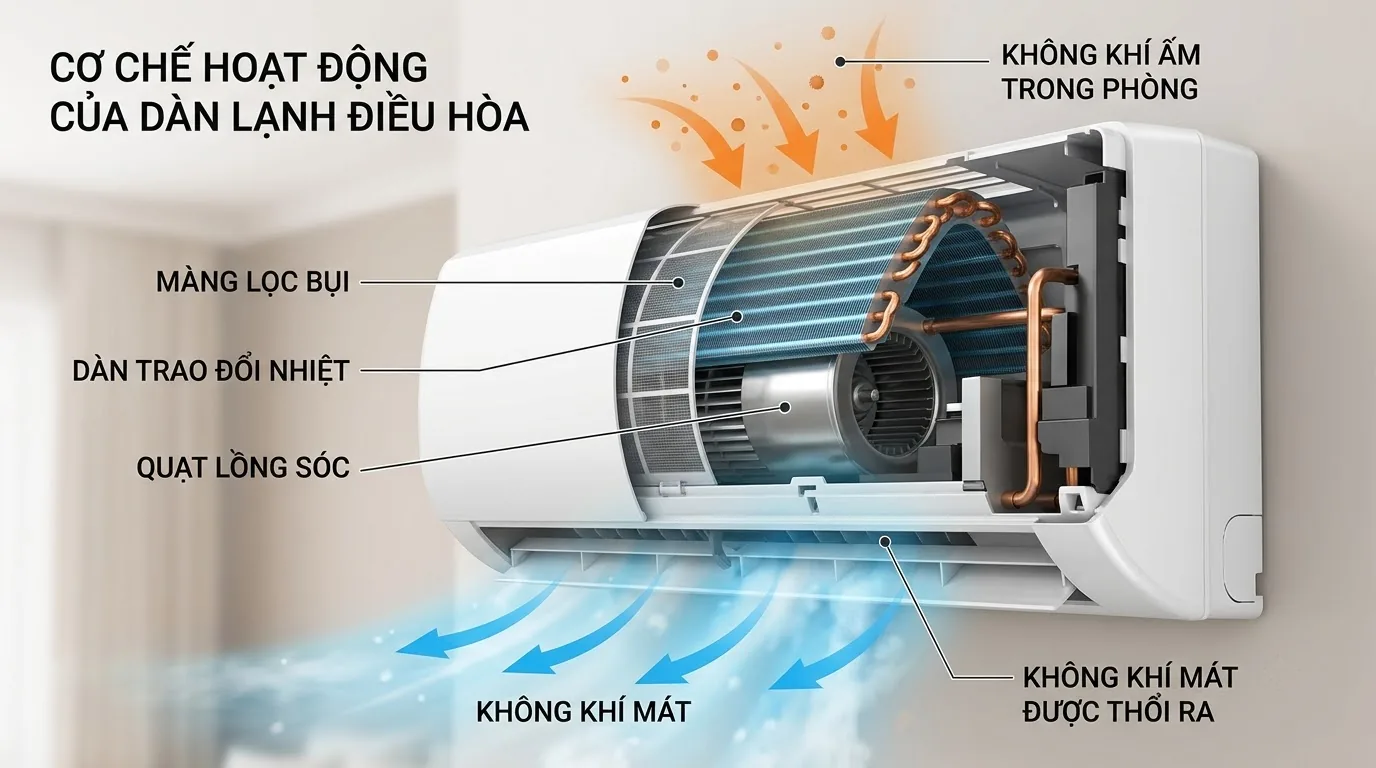 Sơ đồ cấu tạo dàn nóng dàn lạnh máy nén của điều hòa hai khối