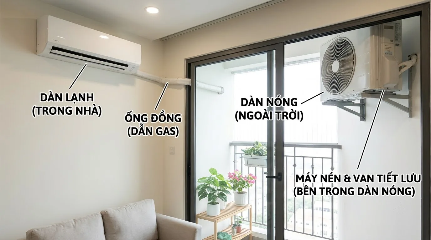 Sơ đồ nguyên lý hoạt động của điều hòa qua 4 giai đoạn làm lạnh khép kín