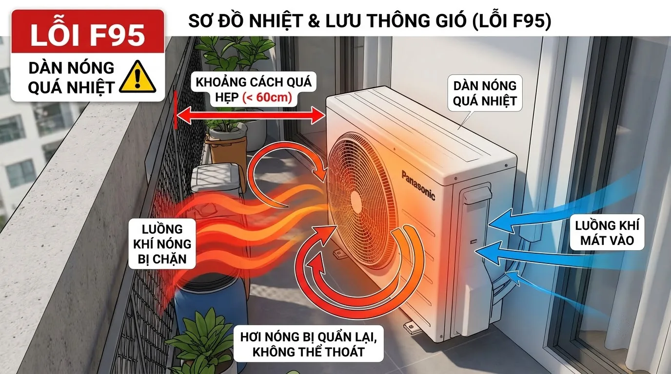 Dàn nóng điều hòa bám bụi và bị vật cản che chắn