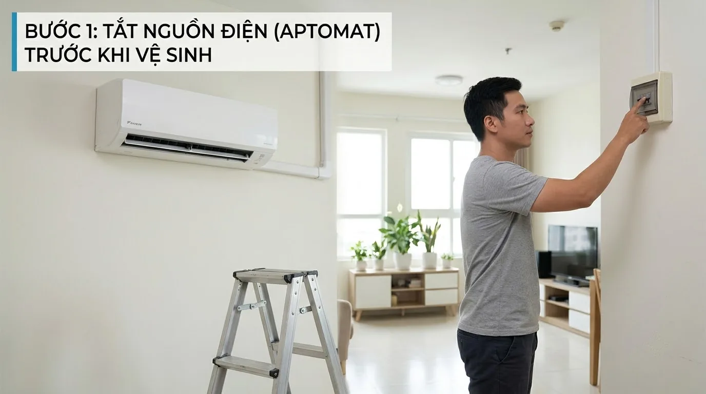 Dụng cụ và bước ngắt điện điều hòa Daikin Chuẩn bị dụng cụ và ngắt điện trước khi vệ sinh điều hòa daikin