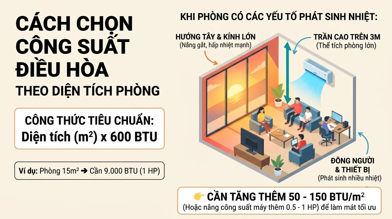 So sánh nhu cầu công suất làm lạnh thực tế giữa phòng ngủ và phòng khách có cùng diện tích